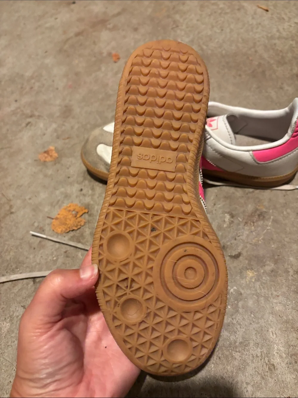 adidas White Sneakers with Pink Stripes and Gum Sole